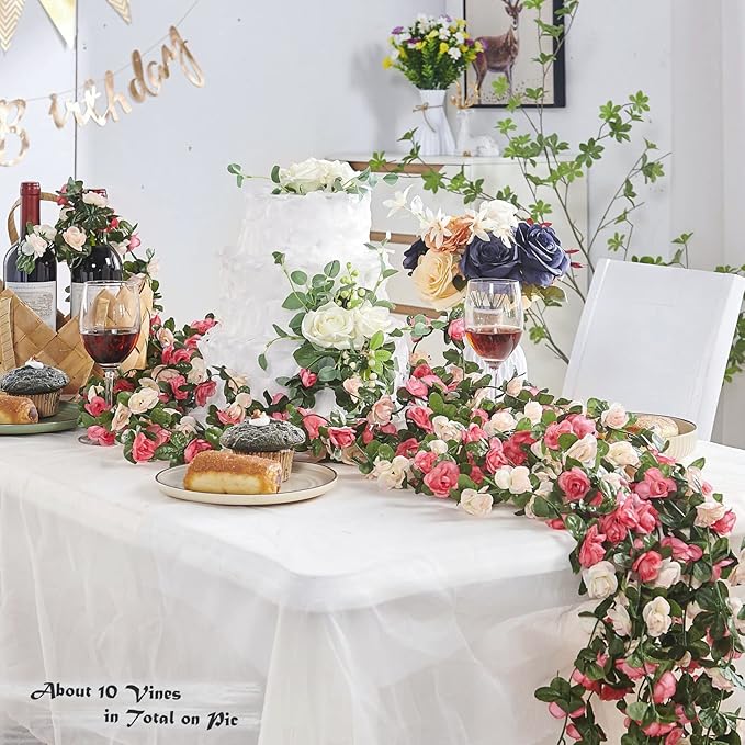 PONKING 8 Pcs x 8.2 ft Flower Garland Artificial Rose Vine Flowers with Green Leaves Hanging Fake Roses Vine for Room Party Home Wedding Birthday Christmas Wall Arch Decor, Spring Pink Flower