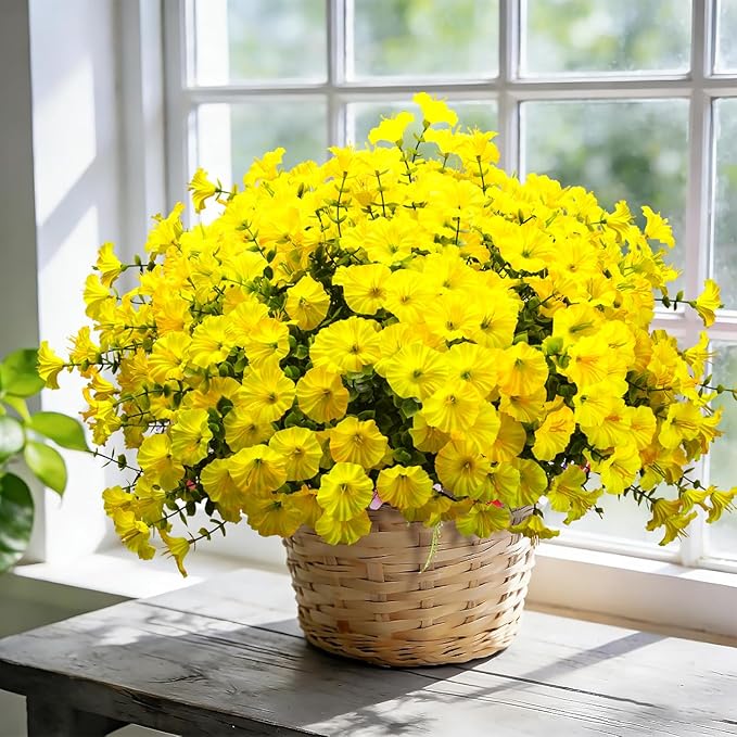 Grunyia Artificial Flowers - 16 Bundles UV Resistant Yellow Faux Silk Plastic Outdoor Fake Plants, Realistic Greenery Foliage for Porch Planter Window Box Garden Indoor Home Decor