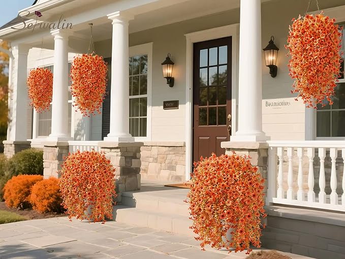 Serwalin 4PCS Artificial Mums for Outdoors, Realistic Silk Artificial Fall Flowers for Outside, Patio, Garden, Porch, Window（Fall Orange,4PCS