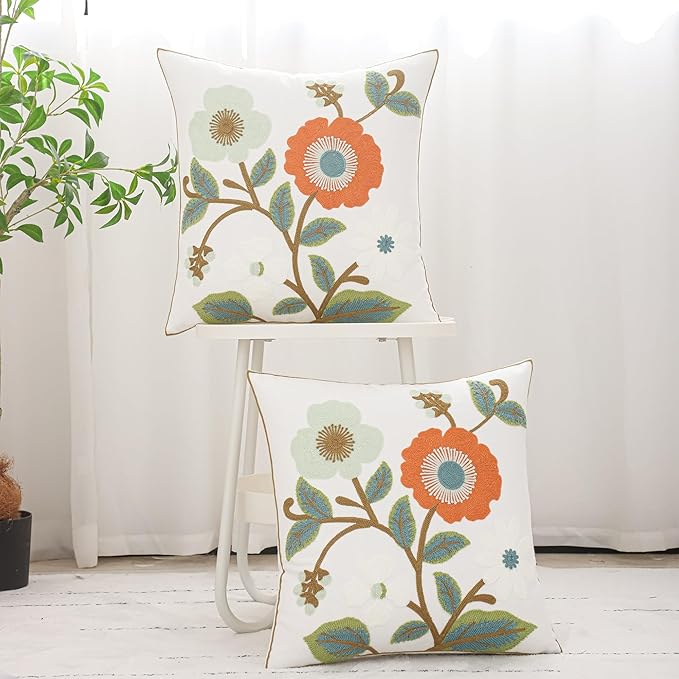Green and Orange Throw Pillow Covers 18x18 Set of 2 Flowers with Leaves Embroidery Pillow Cushion Case Spring Summer Decorative Farmhouse Pillowcases Square Rustic Floral Pillow Case