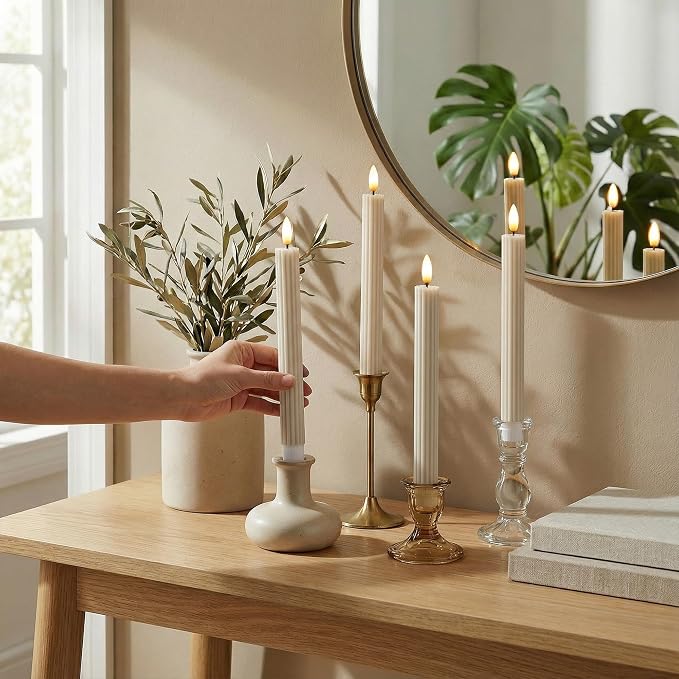 6 Pack, 10" LED Flameless Real Wax Cream Beige Fluted Ribbed Grooved Taper Candles, Remote & 24h Timer Memory, On/Off Button, Dimmable, Flicker Mode, Battery Operated, Wedding