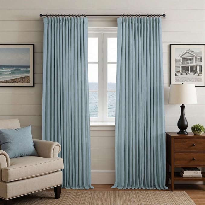 Dusty Blue Semi Sheer Linen Curtains 90 Inch Length for Bedroom Living Room 2 Panel Pinch Pleat Back Tab Farmhouse Coastal Decor Greyish Chambray Blue Curtain Cotton Textured Gauze Drapes for Office
