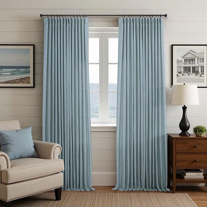 Pinch Pleat Linen Dusty Blue Curtains 108 Inch Long Living Room Bedroom Back Tab Light Filtering Sheer Drapes Farmhouse Country Blue Pleated Drapes for Floor to Ceiling High Window 2 Panels Stone Blue
