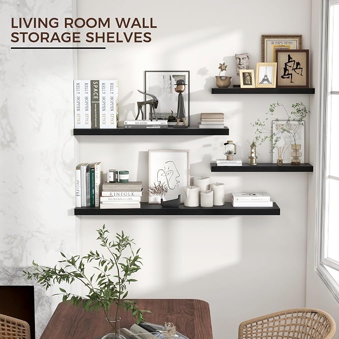 24" Wide x 6.5" Deep Floating Shelves for Wall, Black Finish, 2-Pack | Engineered Wood Wall Shelves with Invisible Brackets for Living Room, Bedroom, Bathroom, Office & Kitchen Storage