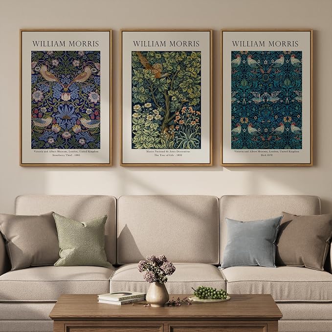 Large Framed Vintage William Morris Wall Art for Living Room, 3 Pieces Strawberry Thief Canvas Artwork for Walls, Retro Classic Floral Illustrations Paintings Pictures for Bedroom, Dining Room, Hallway, Office Wall Decor, Total Size 30x60 in