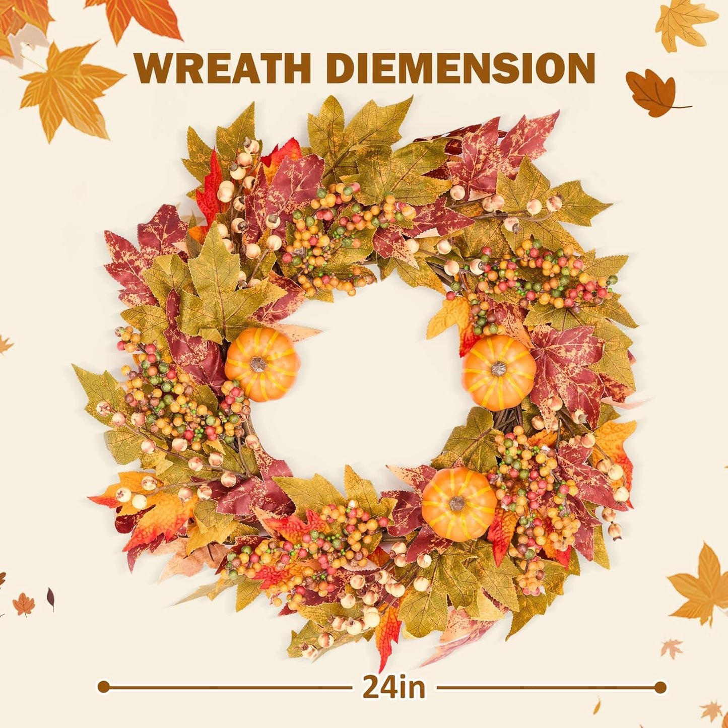 GENMOUS 24 Inch Fall Wreaths for Front Door, Autumn Maple Leaves Wreath for Home Porch Decor, Farmhouse Pumpkin Wreaths for Thanksgiving Halloween Harvest Festival Fall Decoration Outdoor Indoor Home