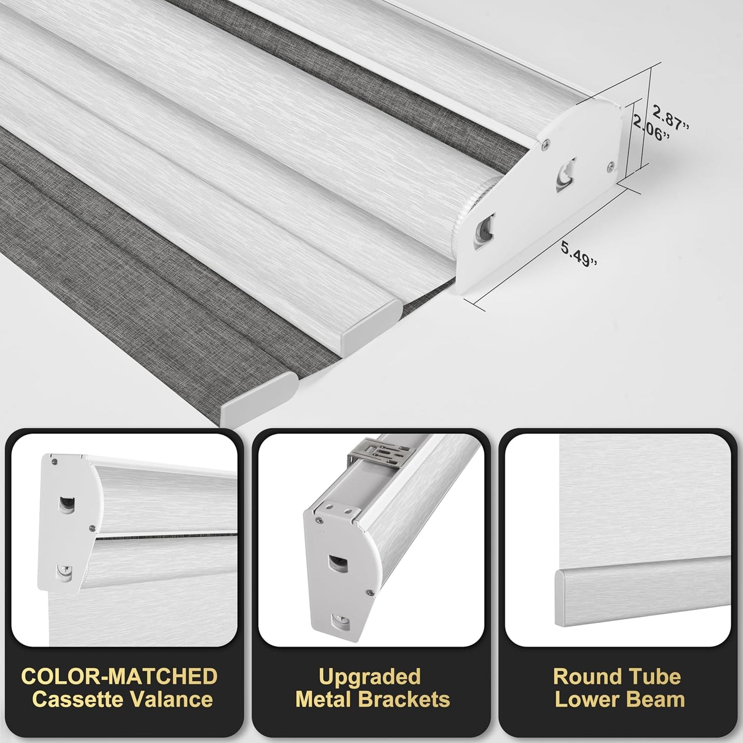 BERISSA Cordless Dual Roller Shades with Cassette Valance - Double Window Shades, Blackout & Light Filtering. Dark Grey Linen & White. Custom Sizes