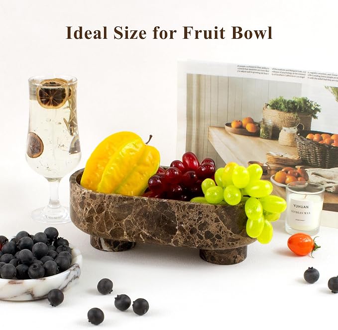 Natural Oval Marble Fruit Bowl, Two-Legged Decorative Bowl Dark Brown | 10" Large Handcrafted Marble Catchall Bowl for Home Decor. Fruit Basket Bowl, Entryway Bowl, Pedestal Bowl for Dining Table