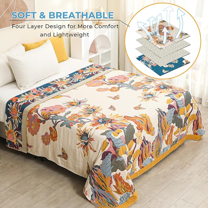 Boho Large Throw Blanket for Bed Couch 60" x 80 "100% Cotton 4-Layer Gauze Summer Blanket Home Decor Soft Lightweight for Sofa Quilt with Floral Butterfly