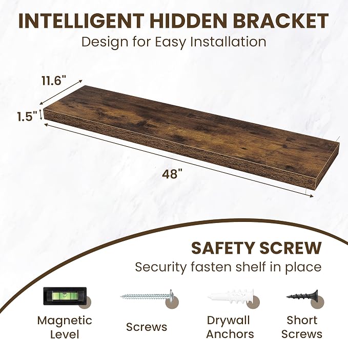 Acovy 48 Inch Floating Shelves for Wall Set of 1,Rustic Wood 12" Deep Wall Mounted Shelves,Floating Shelf with Invisible Brackets for Kitchen,Bathroom,Living Room,Decor & Storage,Rustic Brown