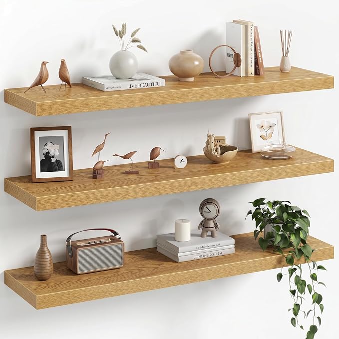 Fun Memories 36Inch Floating Shelves for Wall, 8 Inch Deep Shelves for Bathroom|Bedroom|Kitchen, Large Wall Mounted Wood Hanging Shelf with Invisible Brackets for Home Storage Decor, Oak - 3 Pack