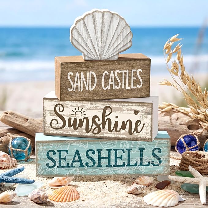 Yuntau 4 Pcs Summer Decorations for Home Shells Wooden Tabletop Decor Summer Tiered Tray Decor Rustic Wood Block Sign Gift Centerpiece Farmhouse Table for Shelf Office