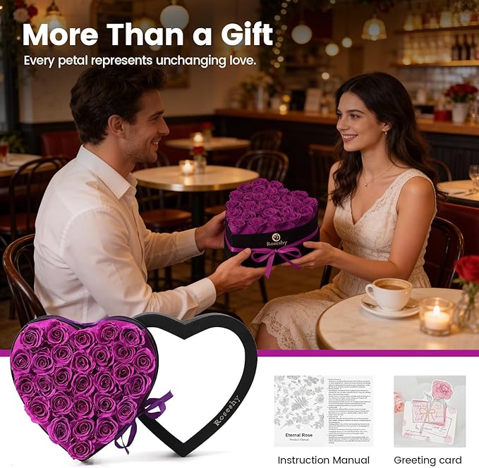 Valentines Day Flowers Roses Gifts for Her,28pcs Purple Forever Preserved Roses in Heart Shape Gift Box,Valentines Day Delivery Prime Gifts-Roses Gifts for Women,Mom.