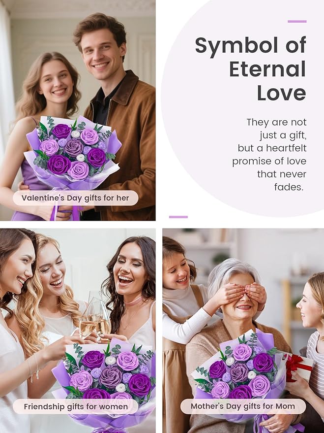 Polylove Flowers for Delivery Prime Forever Flowers Bouquet Preserved Roses Bouquet Flower Gift for Women Wife Mother Day Graduation Birthday (Purple, Medium)
