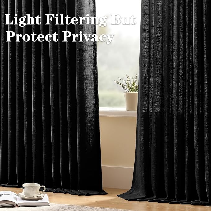 Black Linen Pinch Pleated Curtains 84 Inches Long for Living Room, Light Filtering Pleat Drapes Textured Thick Memory Trained Semi-Sheer Window Curtain with Hooks for Bedroom Dining Room, 2 Panels