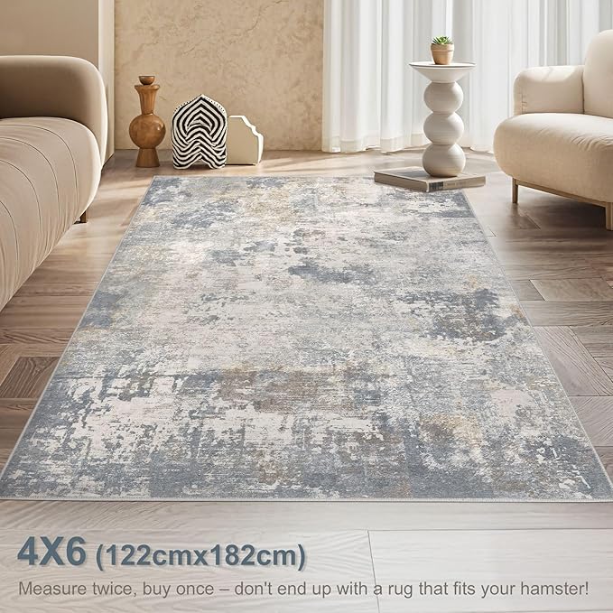 UERMEI 4x6 Area Rug Living Room Rugs - Washable Neutral Modern Abstract Soft Thin Rug Indoor Floor No Slip Rug Carpet for Bedroom Under Dining Table Home Office Decor - Blue Grey