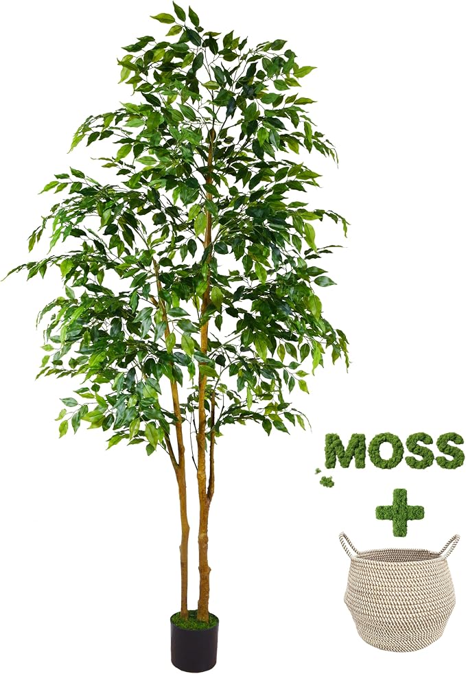 Warmplants Artificial Ficus Tree, 7ft Silk Fake Ficus Leaves Plant with Basket, Indoor Outdoor Faux Green Tree for Home Garden Office House Livingroom Décor