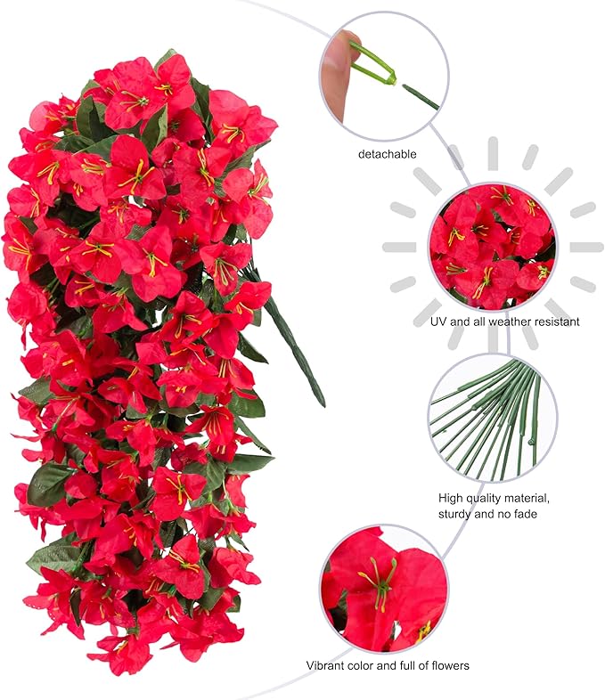 HyeFlora Bougainvillea Artificial Hanging Flowers Plants for Outdoors Decoration, 2pcs Red Fake Flowers Silk Bougainvillea Vines Realistic UV Resistant Faux Flowers for Outside Planters Porch Patio