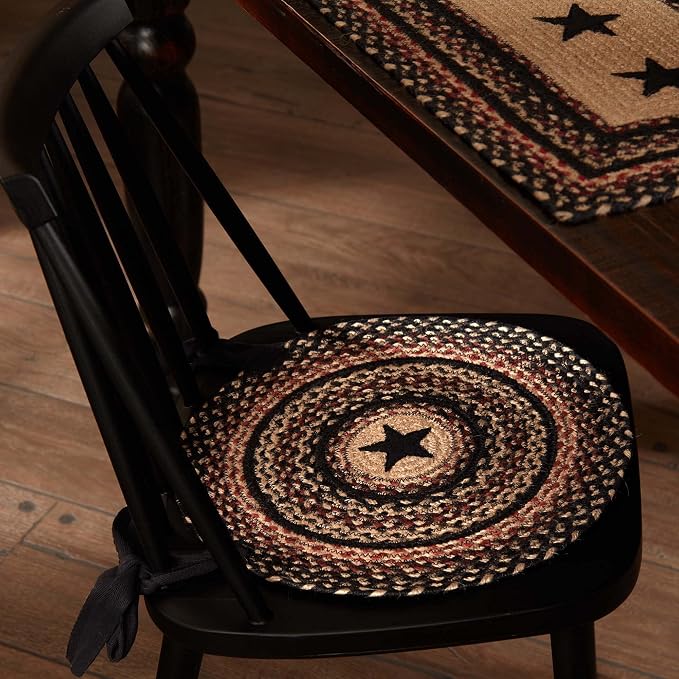 VHC Brands Colonial Star Round Seat Cushion Chair Pad, Tan Black Red, Jute Blend with Ties, Set of 2, 15x15 Inches