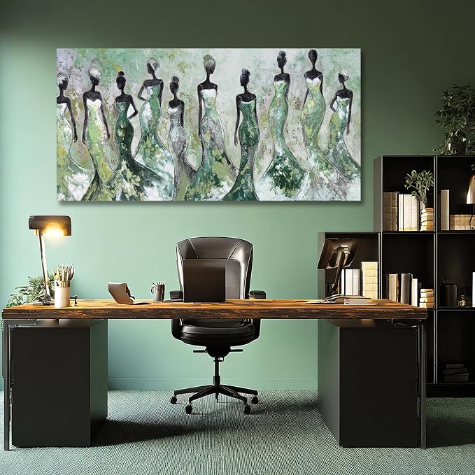 Dolidoteart Green Abstract Figure Wall Art, Black Modern Horizontal Canvas Print for Living Room, Bedroom, Dining Room or Office, Aesthetic Fashion Artwork, 24x48 Inch