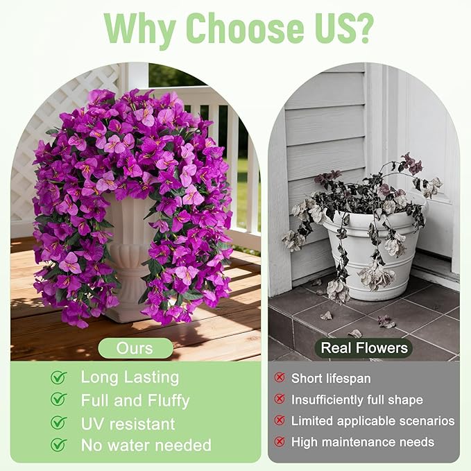 Fake Bougainvillea Artificial Flowers for Outdoors Decoration 2 pcs Faux Hanging Flowers Plants for Outdoor Planters UV Resistant Silk Bougainvillea Vines for Front Door Porch Urn Patio Garden