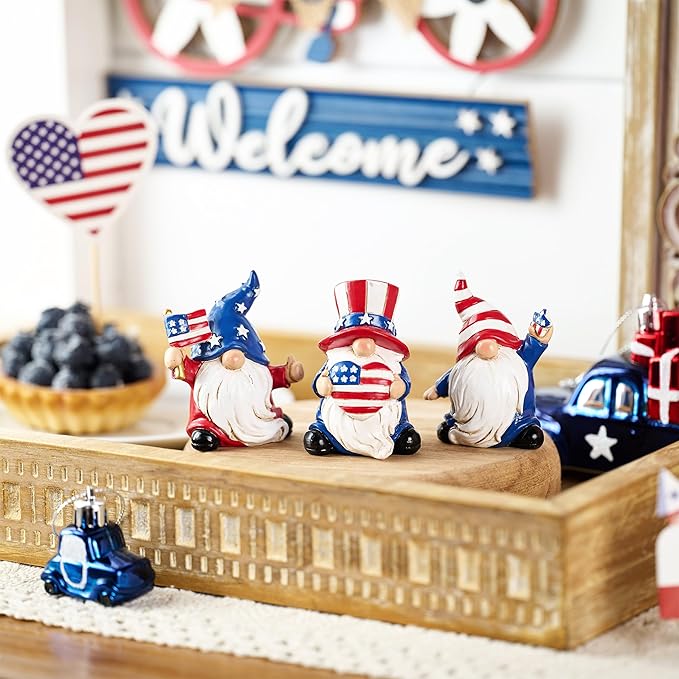 Valery Madelyn 4th of July Gnomes Decorations, Memorial Day Decorations for Home Decor, Medium 3Pcs Patriotic USA 250th Anniversary Decorations, Stars and Stripes Gnomes Figurine for Independence Day