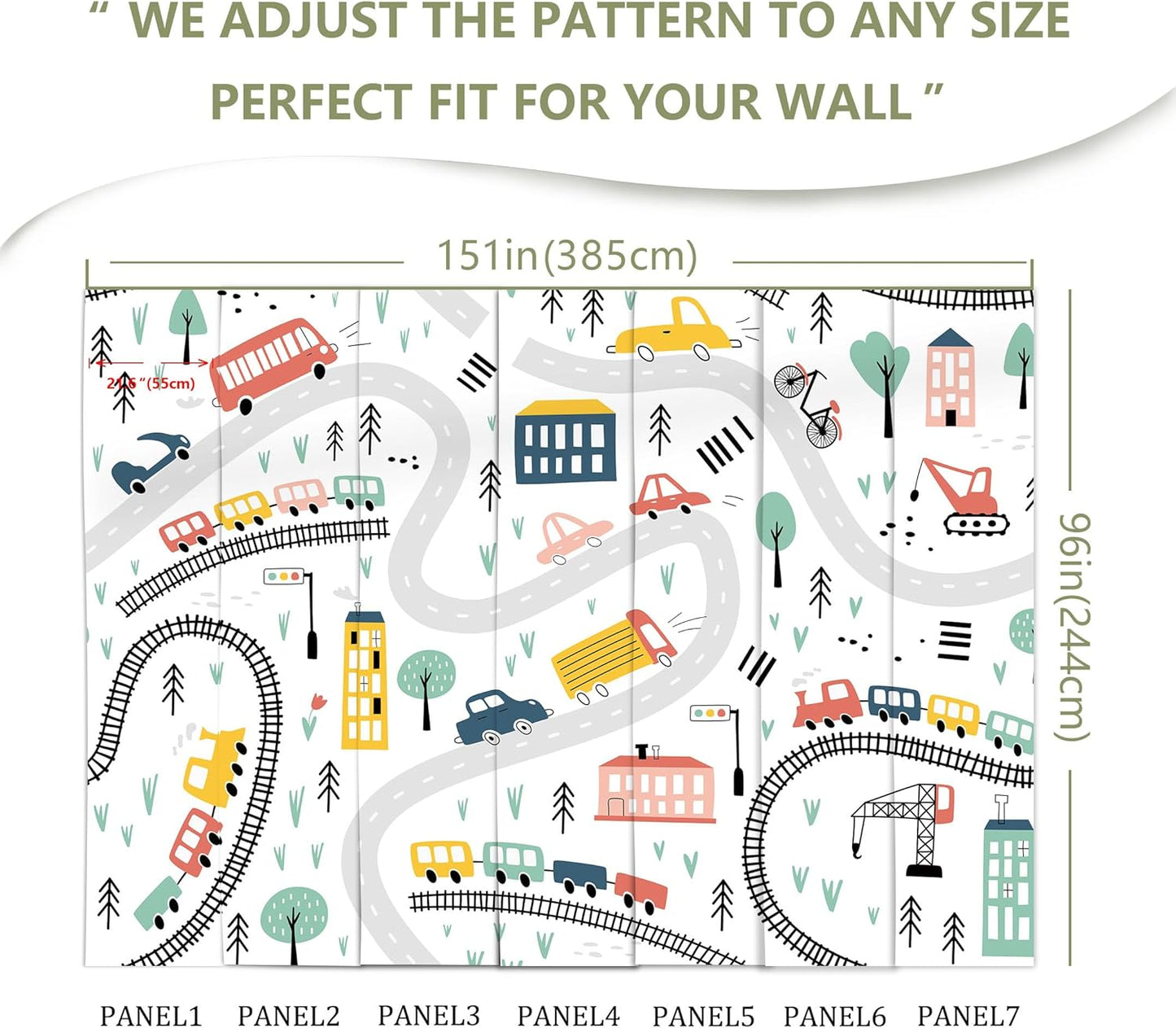 Cartoon Car Roadmap Wall Mural Bus Wallpaper for Kids Room Bedroom Living Room(Not Peel and Stick)