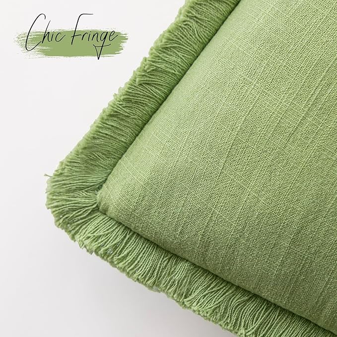 Foindtower Set of 2 Decorative Linen Fringe Throw Pillow Covers Cozy Boho Farmhouse Cushion Cover with Tassels Soft Accent Pillowcase for Couch Sofa Bed Living Room Home Decor,18×18 Inch,Lime Green