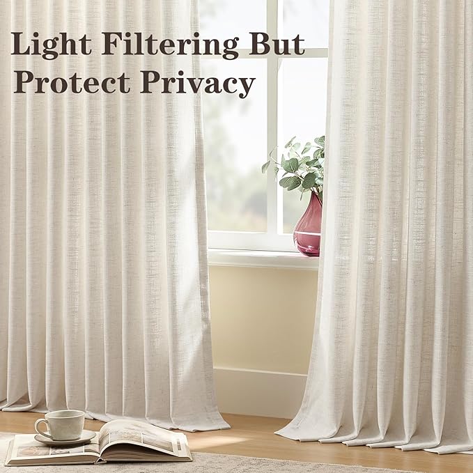 YZ HOME Pinch Pleated Linen Curtains 84 Inches Long for Living Room, Natural Light Filtering Pleat Semi-Sheer Drapes with Back Tab & Hooks Memory Trained Cream Window Curtain for Bedroom, 2 Panels