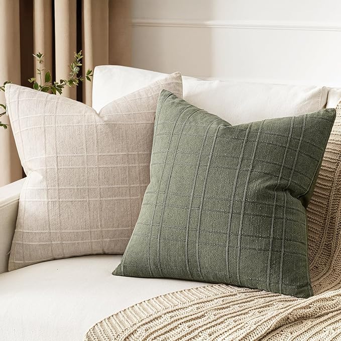 MIULEE Decorative Linen Check Euro Shams Throw Pillow Covers Neutral Farmhouse Vintage Spring Pillow Covers 22x22 Set of 2 Boho Modern Home Decor for Sofa Couch Bedroom Cushion Olive Green