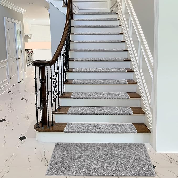 PURE ERA Bullnose Carpet Stair Treads Set Tape Free Non-Slip Indoor Stair Protectors Pet Friendly Rugs Covers Soft Skid Resistant Washable Reusable 9.5" x 30"(7 Pieces,Light Gray)