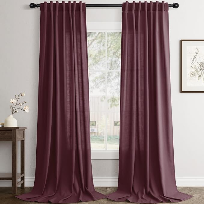Jowels Burgundy Linen Curtains 84 Inch Long 2 Panels for Living Room | Light Filtering Semi Sheer Curtain, Back Tab Pocket Pleated Look, Boho Farmhouse Textured Privacy Drapes for Bedroom Window
