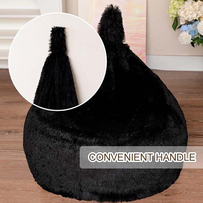 BCU Bean Bag Chair Cover Ultra Soft Fluffy Faux Fur Beanbag Cover Plush Living Room Chairs Cover for Adults and Kids, Black