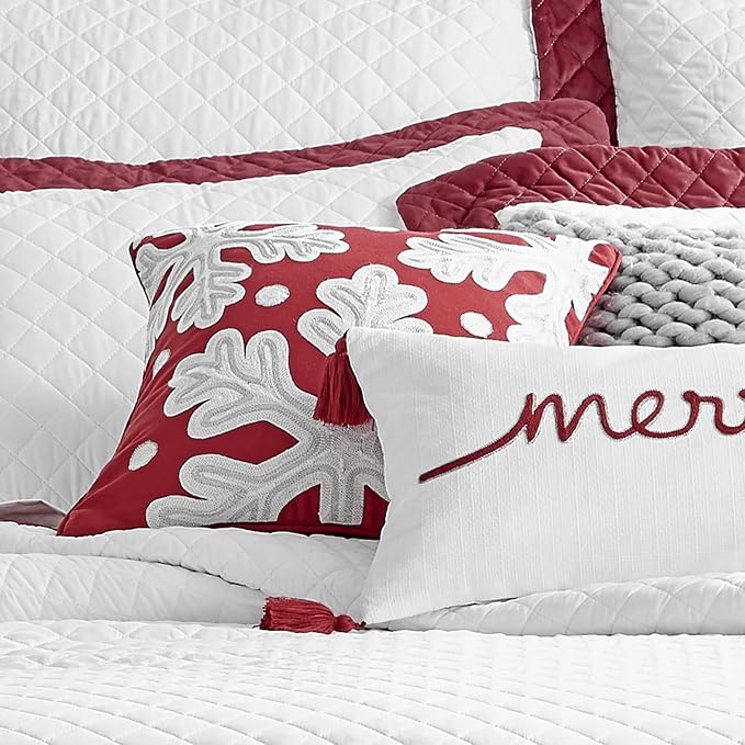 Levtex Home - Red Velvet Border - Decorative Pillow (18X18in.) - Snowflake - Red and White