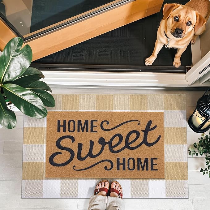 OLANLY Buffalo Plaid Rug 2' x 4'3" – Beige and White Cotton Checkered Doormat, Washable Indoor Outdoor Rug for Layered Front Porch, Kitchen, Entryway Decor