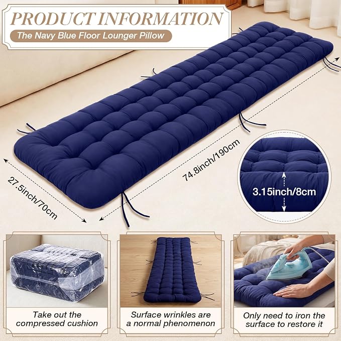 Wenqik Long Floor Cushion Large Floor Cushion with Brushed Cotton 74.8 x 27.5 x 3.15 in Jumbo Lounger Pillow for Outdoor Indoor Bay Window Meditation Yoga Reading Sleeping(Navy Blue)