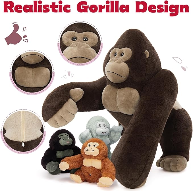 MaoGoLan 4Pcs Giant Gorilla Stuffed Animals -19.6" Large Brown Gorilla Plush with 3 Babies Stuffed Gorilla Inside, Soft and Cuddly Companion Plush Toy Gifts for Kids,Children,Boys,Girls