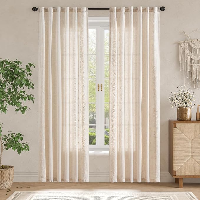 jinchan Winslow Linen Curtains for Bedroom 90 Inches Length Embroidered Bordered Floral Curtains for Living Room Farmhouse Decor Light Filtering Window Treatments Ivory on Beige Drapes 2 Panels