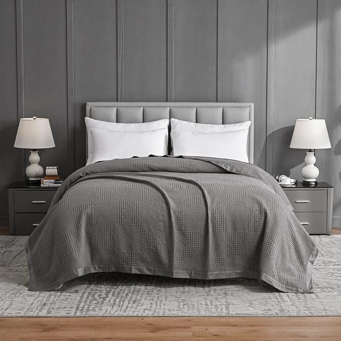meadow park Cotton Waffle Blanket with Sateen Binding - Twin Size - Lightweight and Breathable - Charcoal Color