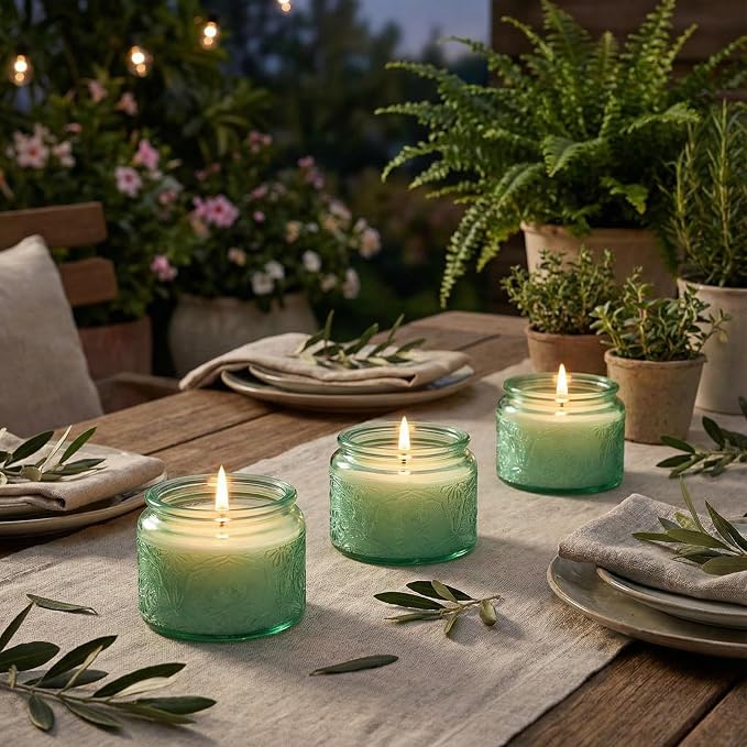 4 oz Green Mandala Glass Candle Jars with Bamboo Lids, 18 Pack | Patented Embossed Design, Includes Wick Centering Devices & Warning Labels, Multiple Color Options