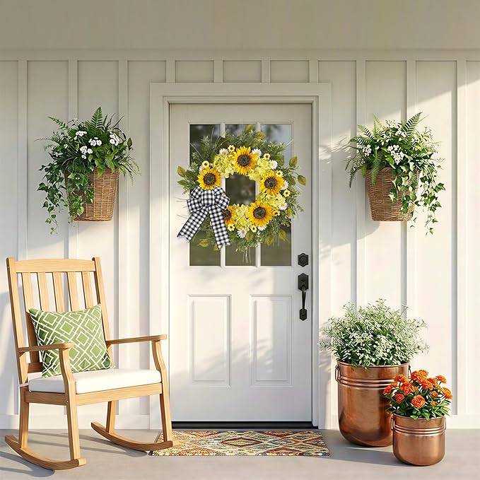 Sunflower Wreaths for Front Door, 22 Inch Spring and Summer Welcome Wreath with Bow for Farmhouse Porch Wall Window Home Decor for Indoor Outdoor Housewarming Gift