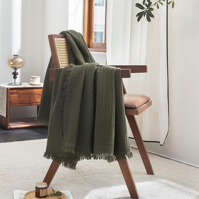FOSSA Muslin Blanket 4-Layer 100% Cotton Gauze Blanket with Fringe 50"x60" | Super Soft Breathable Lightweight All Season & Decorative Blanket or Bed, Sofa, Office (Olive Green,Throw)