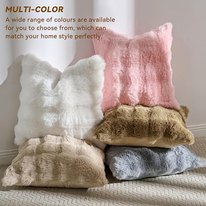 AmHoo Pack of 2 Throw Pillow Covers 3D Dense Faux Rabbit Fur Cozy Super Soft Fuzzy Set Case Cushion for Couch Sofa Bedroom 20 x 20-Inch Pink