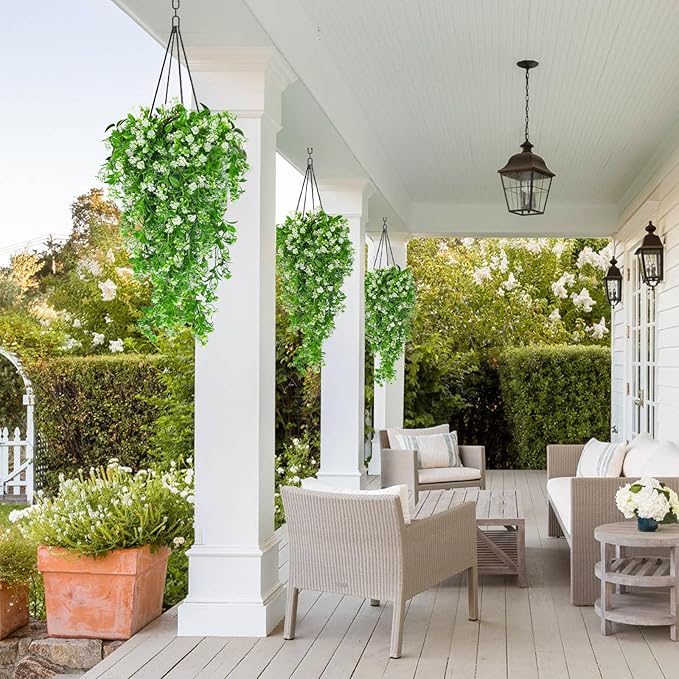 SJL Artificial Hanging Plants Fake Vine Faux Greenery Outdoor UV Resistant Plastic Plants Artificial Plant Outdoors Fake Hanging Vine for Indoor Outdoor Home Garden Wedding Party Decor (White)