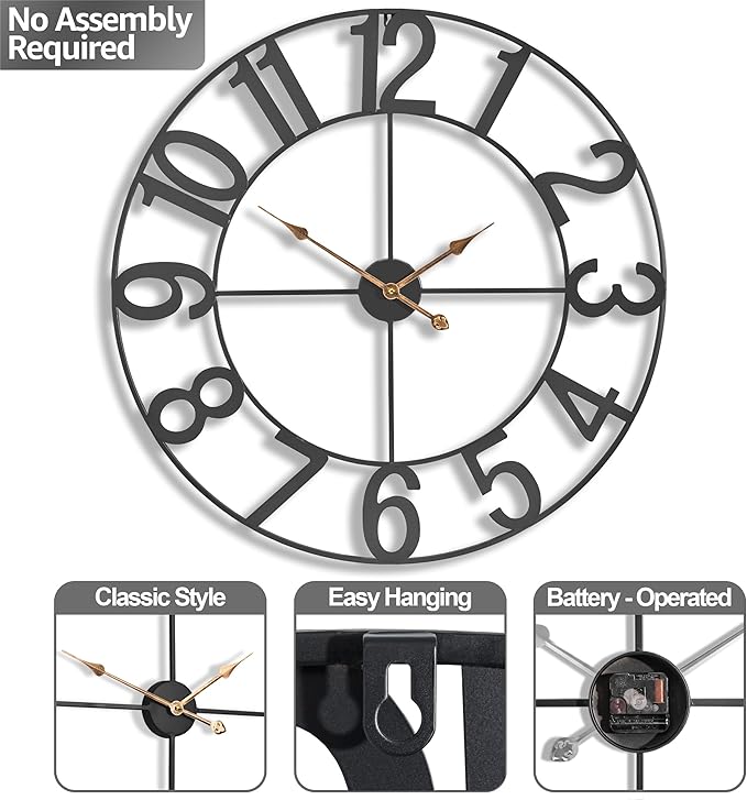 Sorbus Large Wall Clock for Living Room Decor - Wall Clock for Kitchen - 32 inch Big Wall Clock Decorative - Metal Wall Art - Analog Large Clock for Bedroom, Home, Kitchen, Office, Wall Decor (Black)