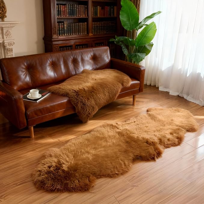 Premium Genuine Sheepskin Area Ruge - Real Wool Fur Shaggy Carpet | Fluffy Soft Natural Lambskin Rug Seat Chair Covers for Couch Sofa Bedroom Living Room(Brown,2×3 Feet Sheepskin)