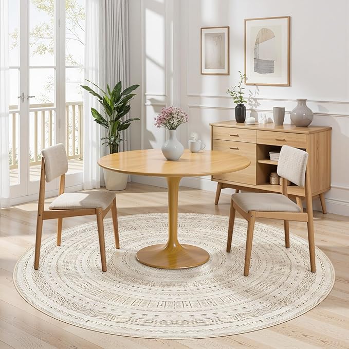 cotiled 5x5 Round Area Rug Living Room: Washable Boho Rugs with Non Slip Backing Large Soft Indoor Stain Resistant Carpet for Bedroom Farmhouse Dining Room Lightweight Home Decor Brown/Cream