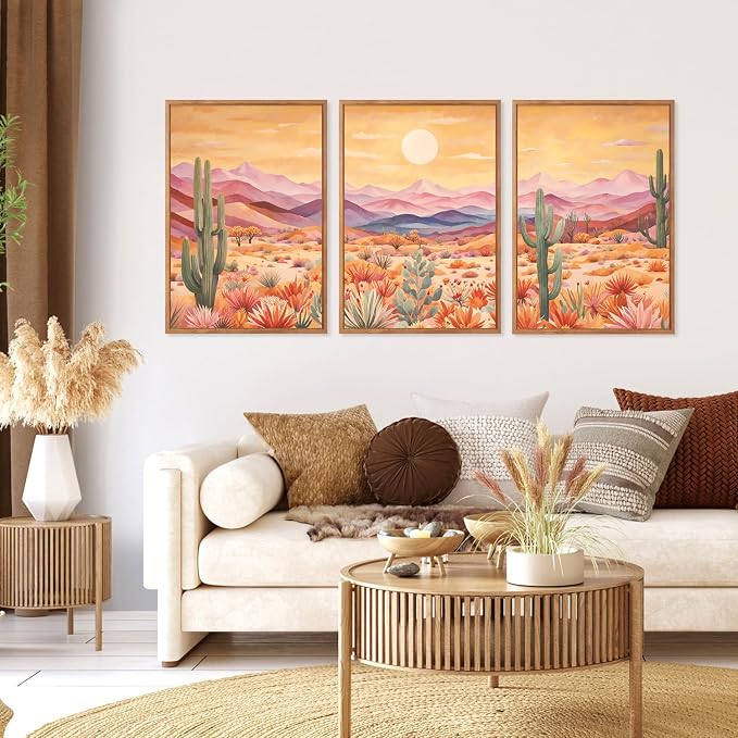 HOURIA 3Pcs Abstract Sunset Mountain Desert Cactus Canvas Wall Art (16"x24"), Vintage Southwest Landscape Arizona Wall Decor, Mid Century Modern Boho Wilderness Art Print for Office Farmhouse Living Room