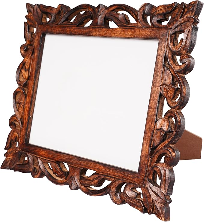 Large Hand Carved Mango Wood Rustic 8x10 Picture Frame with Real Glass - Aesthetic Vintage Wood Frame for Tabletop and Wall Mount Use - Rustic Home Decor Perfect for Your Memories