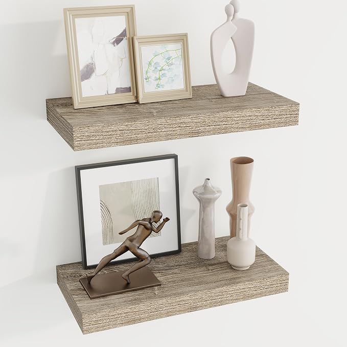 Dreamland 16" Floating Shelves 6.7" Deep Wall Mounted Set of 2 Grey | Wall shelves for bathroom, bedroom, Living Room, kitchen, deep wall mount wood storage display for home decor 16" x 6.7"